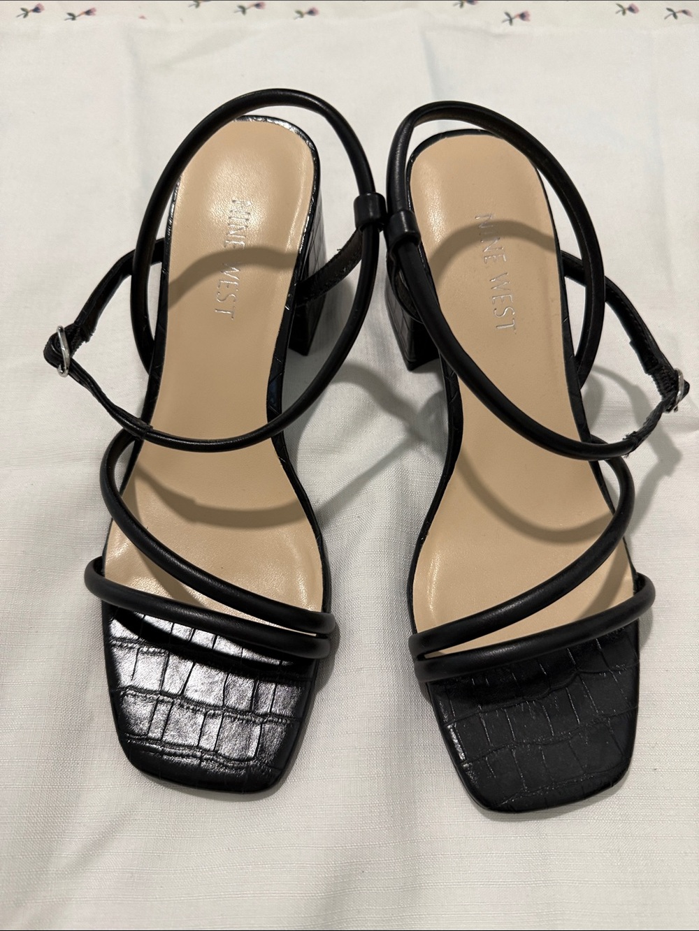Nine West Black Croc-Textured Strappy Block Heels